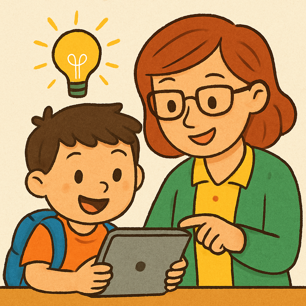 A friendly, brightly colored illustration of a student and a teacher looking at a tablet together with a glowing lightbulb icon appearing above the tablet.