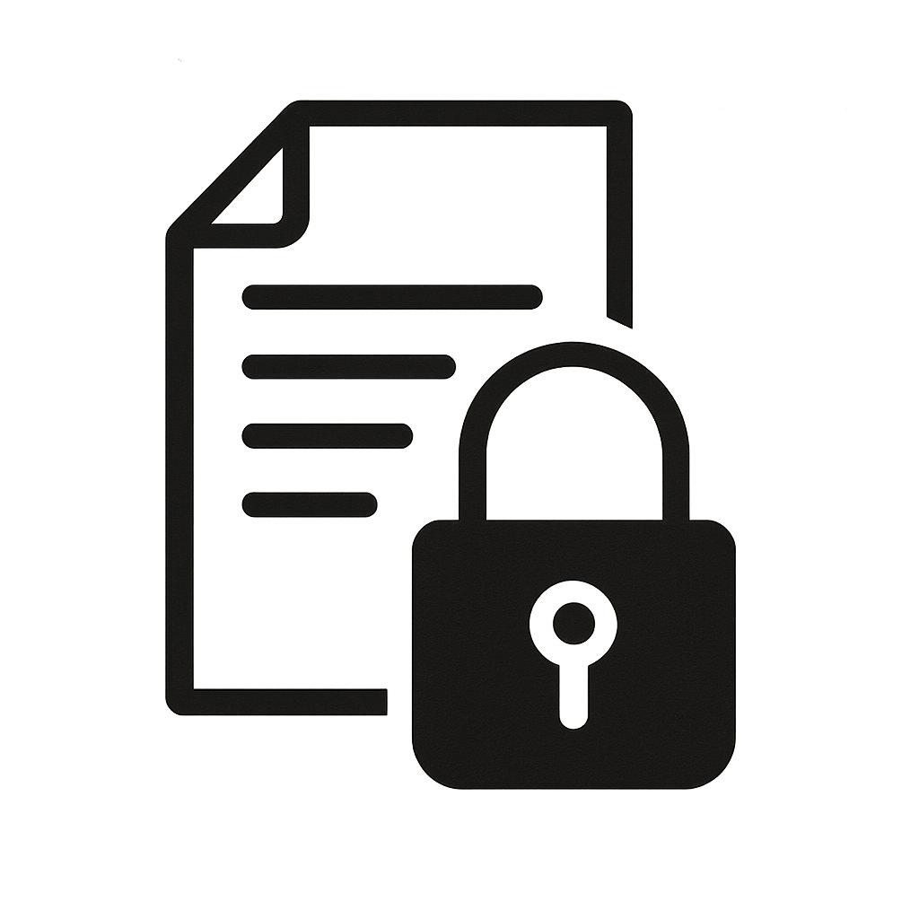 A simple conceptual icon of a padlock securing a document to represent data privacy and legal confidentiality.