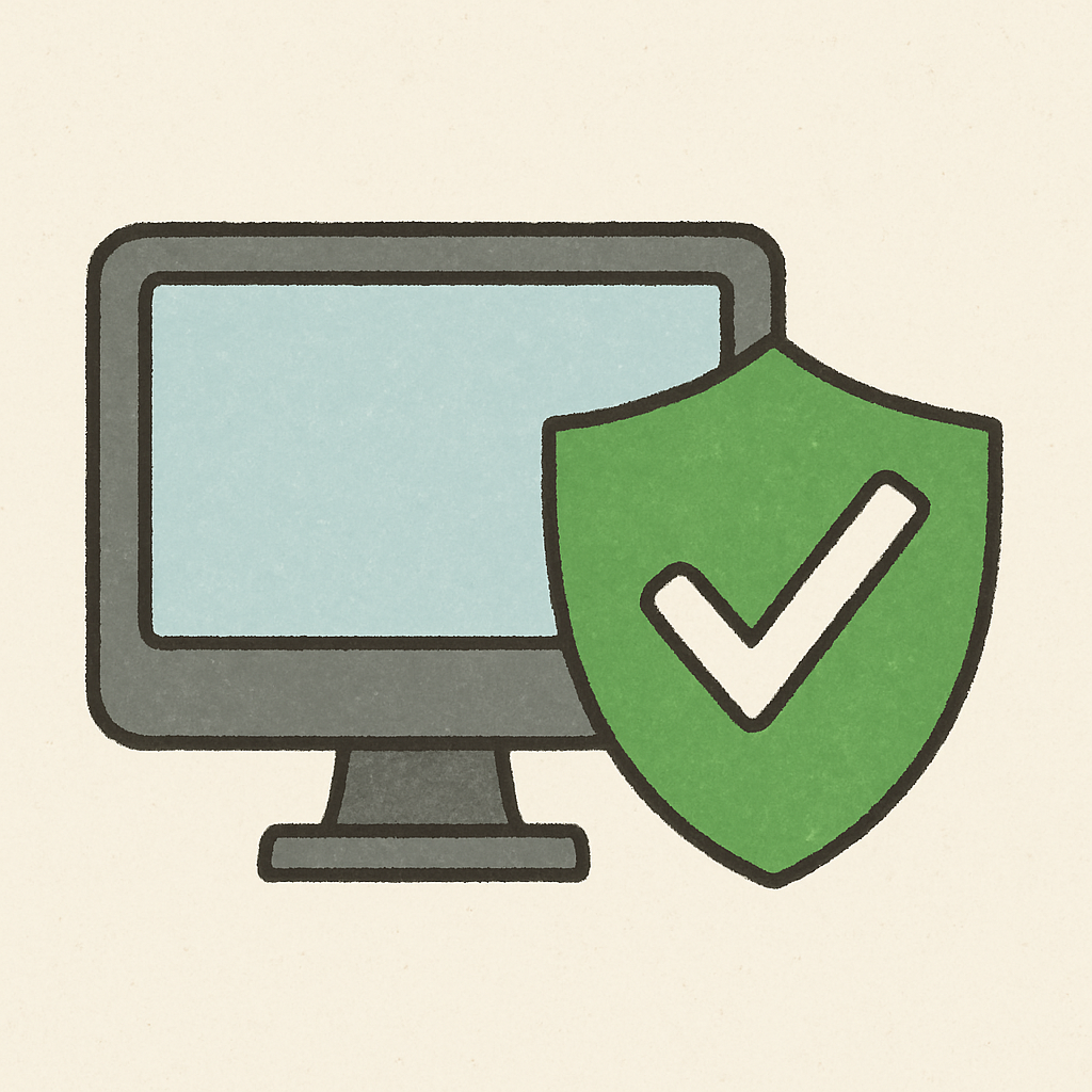 A simple illustration of a green shield with a checkmark, placed next to a computer screen.