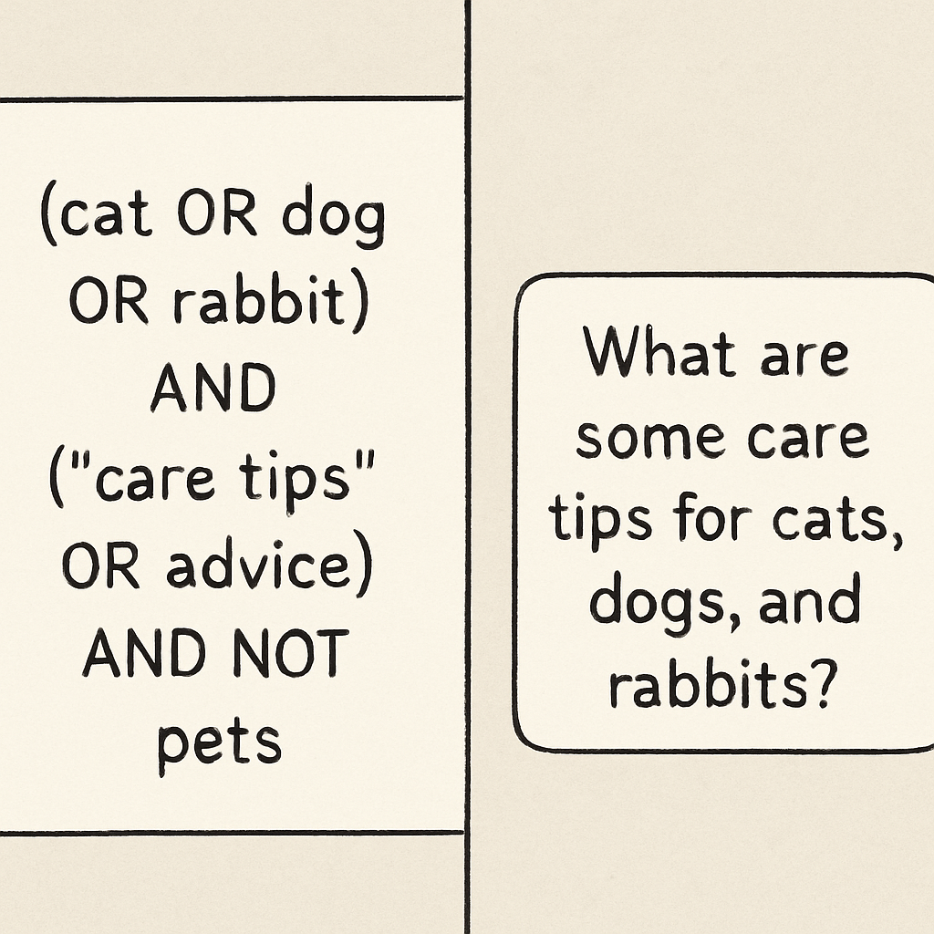 A split-screen illustration showing a complex, confusing Boolean search string on the left and a simple, natural language question on the right.