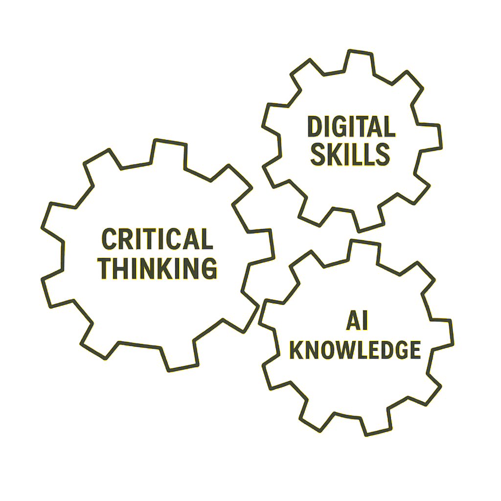 A simple graphic of three gears turning together, labeled 'Critical Thinking,' 'Digital Skills,' and 'AI Knowledge.'