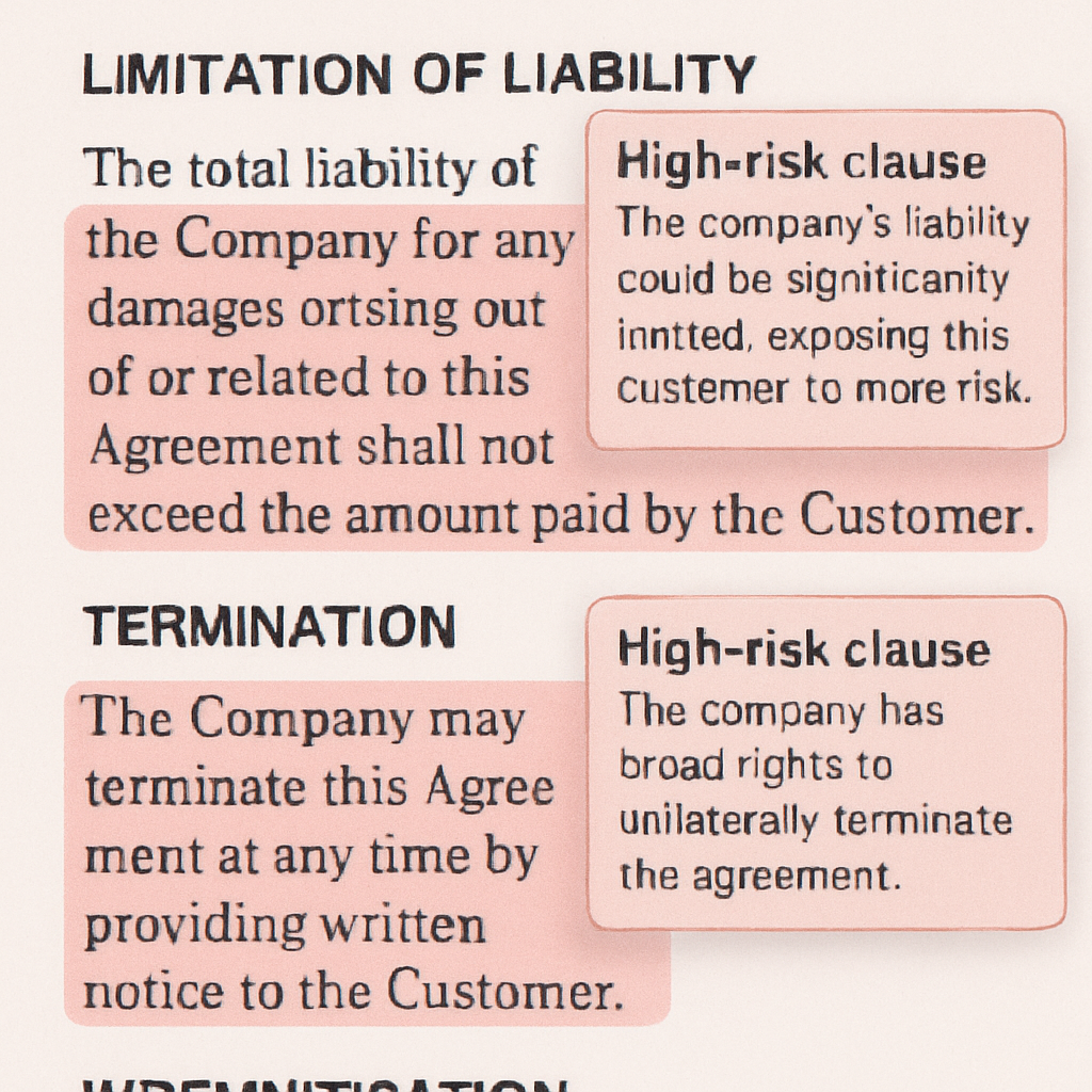 A close-up of a digital document where high-risk clauses are automatically highlighted in a soft red hue with explanatory pop-up notes.
