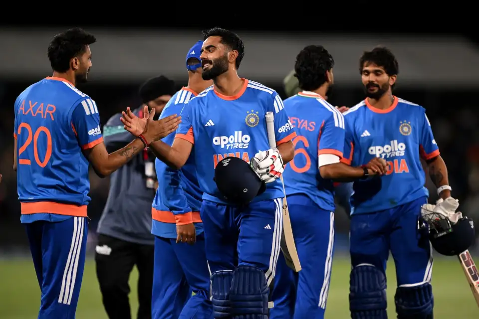 Team India players celebrating on the field after a winning finish in the T20 match against New Zealand