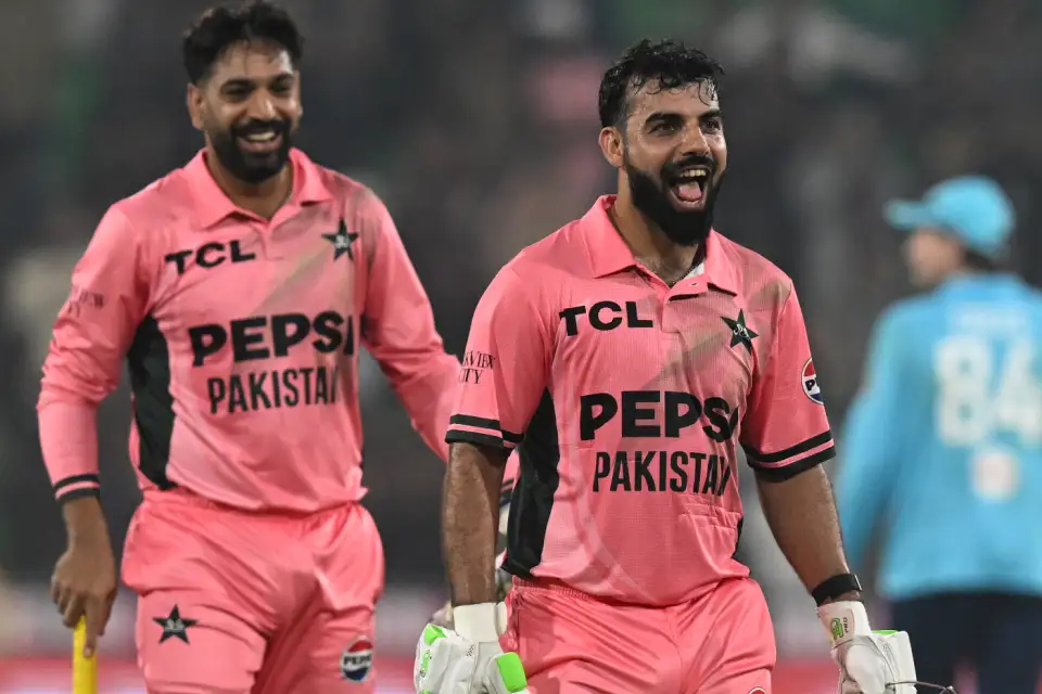 Shadab Khan and Haris Rauf celebrating Pakistan’s historic 10th-wicket partnership victory against England