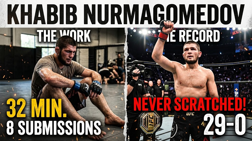 Khabib Nurmagomedov sitting exhausted and soaked in sweat on the mat after a 32-minute grappling session