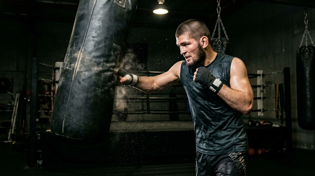 Khabib Nurmagomedov punching a heavy bag during intense gym training